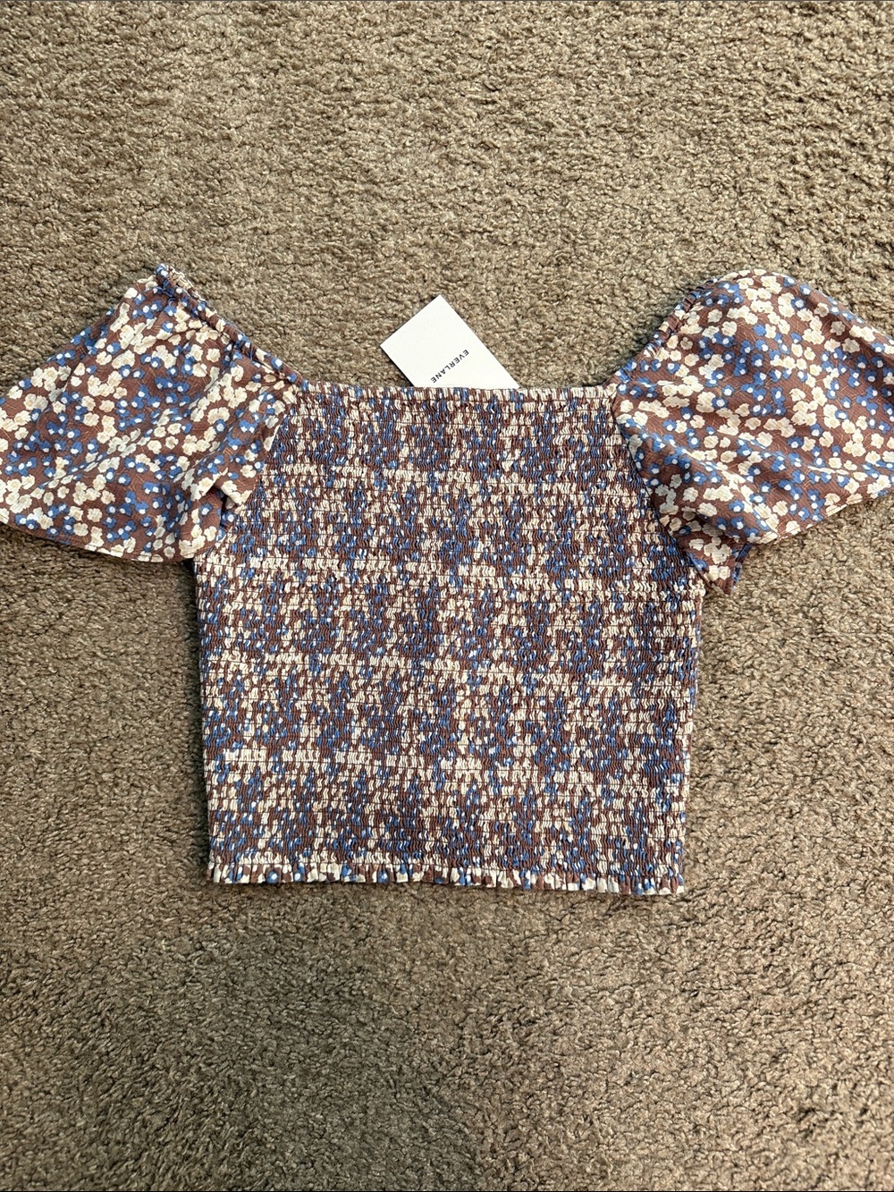 Everlane the Gauze Smocked Floral Off-Shoulder Crop Top